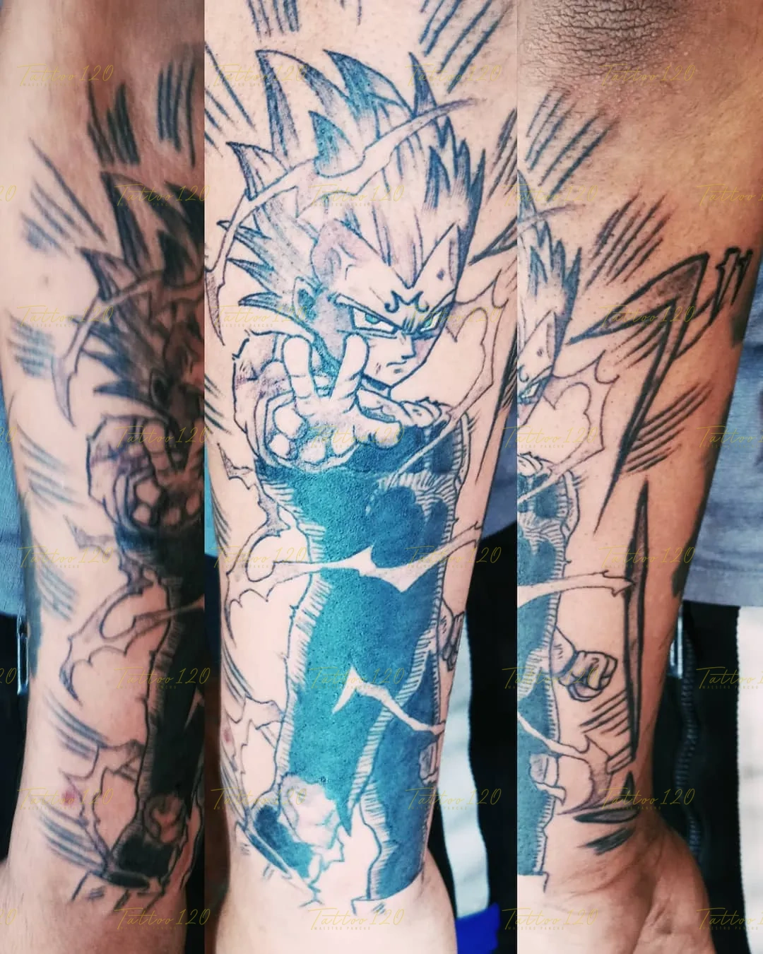 Tatuaje en tinta negra con el diseño de Majin Vegeta de Dragon Ball en posición de combate, resaltando líneas de expresión y destellos de energía. estilo anime, manga e ilustraciones, realizado en el estudio Tattoo120 en Colina, Región Metropolitana.