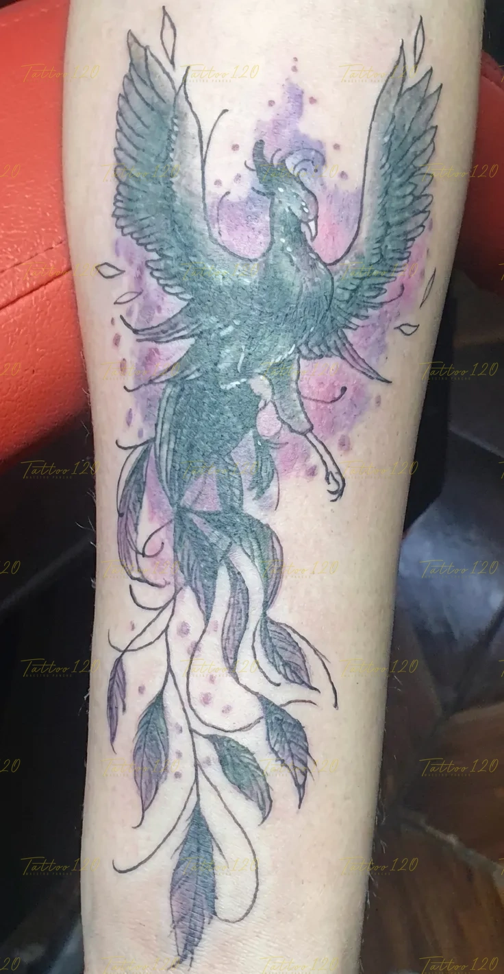 Tatuaje delicado de un ave fénix con las alas abiertas en tinta negra y un fondo sutil de acuarela púrpura en el brazo, en estilo de línea fina y minimalistas, realizado en el estudio Tattoo120 en Colina, Región Metropolitana.