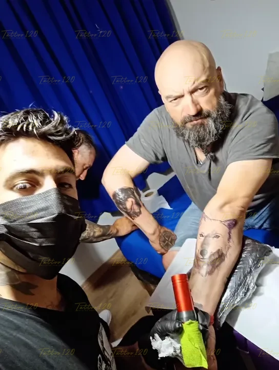 Fotografía en el estudio que muestra a maestro pancho junto a su cliente exhibiendo un tatuaje realista de lobo terminado en el antebrazo, en estilo de realistas, retratos y sombras, realizado en el estudio Tattoo120 en Colina, Región Metropolitana.