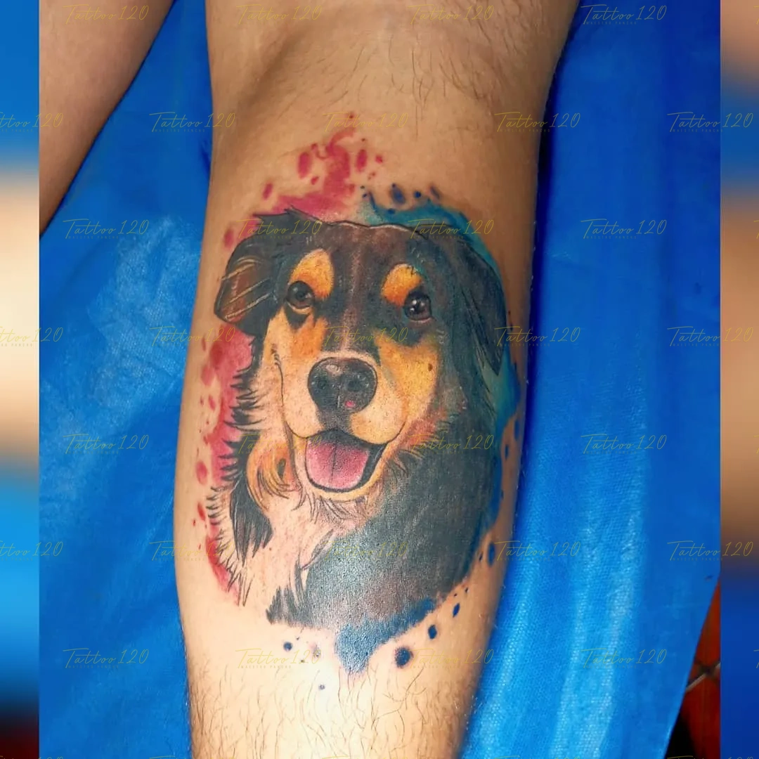 Tatuaje a color en el brazo con el retrato realista de un perro sonriente resaltado por un fondo vibrante de acuarela multicolor, en estilo de realistas, retratos y sombras, realizado en el estudio Tattoo120 en Colina, Región Metropolitana.